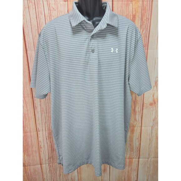 Under Armour Mens HeatGear Polo XXL Gray & White Striped Loose Fit - Picture 1 of 8